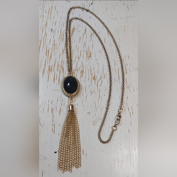 Single Gold Chain Long Necklace Black Glass Pendant Chain Tassel Jewelry Boho - Picture 1 of 5